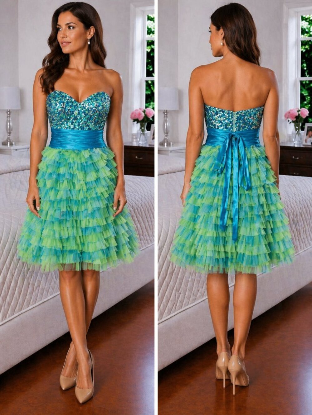 Karishma Strapless Blue Green Sequin Formal Dress $278